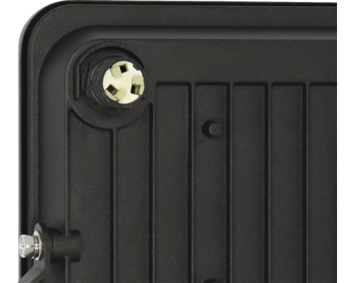 Detailansicht einer schwarzen LED-Leuchte mit Anschlussdose