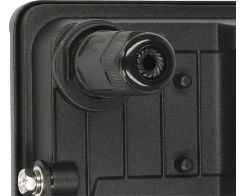 Detailaufnahme einer Kabelverschraubung an einem elektronischen Gerät