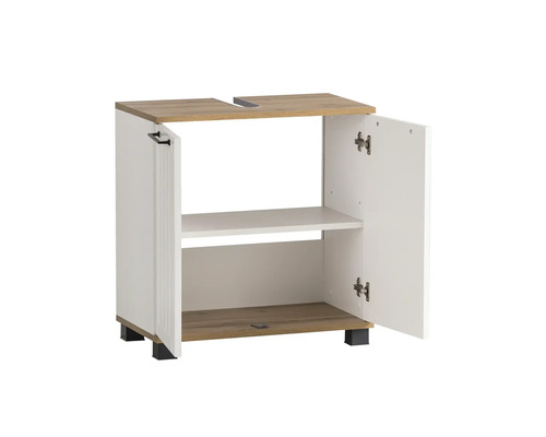 Waschbeckenunterschrank mit geöffneten Türen und Innenregal