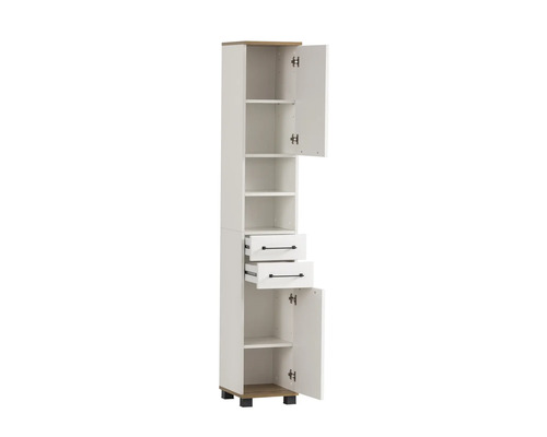 Badezimmerschrank mit Schubladen und offenen Fächern