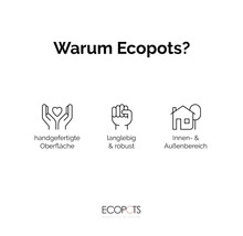 Ecopots Vorteile: handgefertigte Oberfläche, langlebig und robust, geeignet für Innen- und Außenbereich