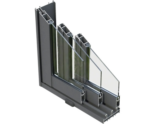 Querschnitt eines Aluminiumfensters mit Mehrfachverglasung