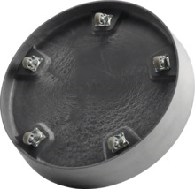 Unterseite eines runden Pflanzgefäßes mit fünf Rollen