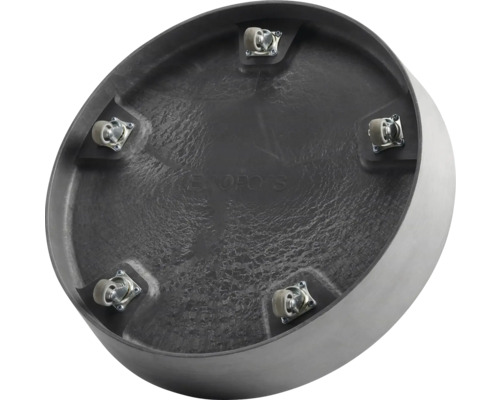 Unterseite eines runden Pflanzgefäßes mit fünf Rollen