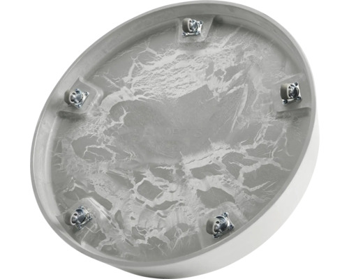 Unterseite einer runden Duschwanne mit Befestigungselementen