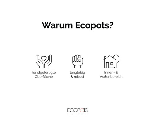 Ecopots Vorteile: handgefertigte Oberfläche, langlebig und robust, für Innen- und Außenbereich geeignet.
