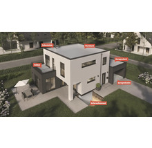 Ansicht eines modernen Hauses mit Flachdach, Garage, Balkon und Außenwand des Kellers