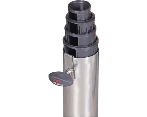 Doppler Logo am Drehgriff eines Sonnenschirmständers aus Edelstahl