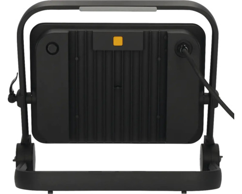 Rückansicht einer schwarzen LED-Baustellenleuchte.