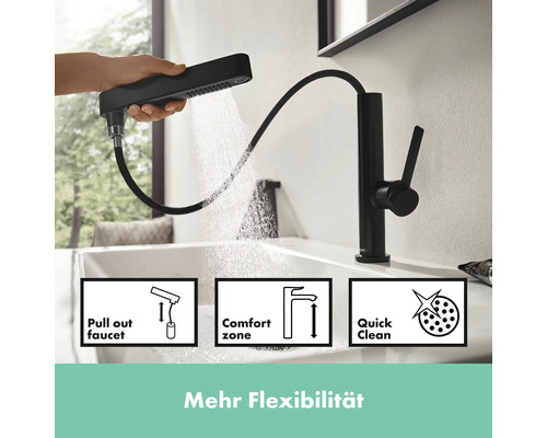 Schwarze Waschtischarmatur mit Ausziehbrause und Hinweisen zu Ausziehfunktion, Komfortzone und schneller Reinigung.