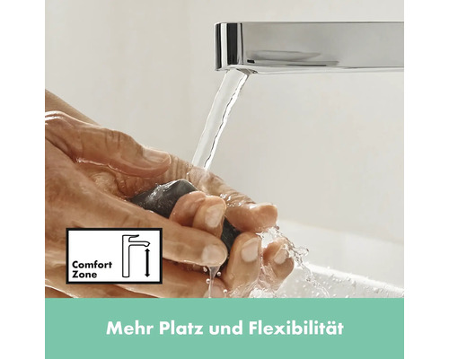 Waschbeckenarmatur mit laufendem Wasser und dem Symbol Komfortzone
