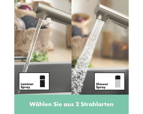 Küchenarmatur mit zwei Strahlarten: Laminarstrahl und Brausestrahl