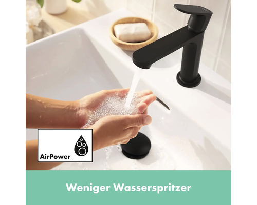 Waschbeckenarmatur mit laufendem Wasser und AirPower Symbol für weniger Wasserspritzer