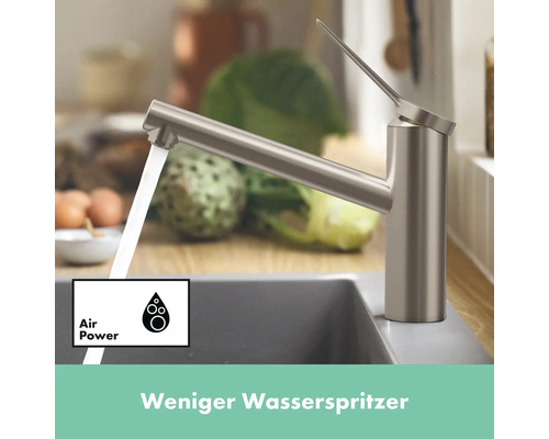 Küchenarmatur aus Metall mit Wasserstrahl und Air-Power-Symbol