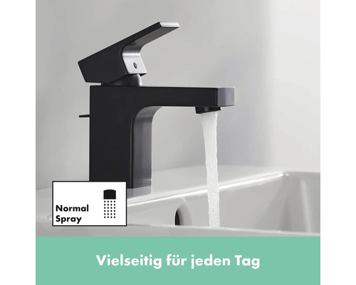 Schwarzer Wasserhahn mit Normalstrahl in einem Waschbecken