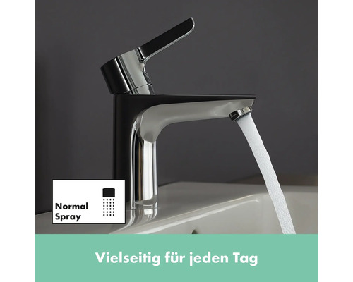 Waschtischarmatur mit Wasserstrahl und Symbol für Normalstrahl