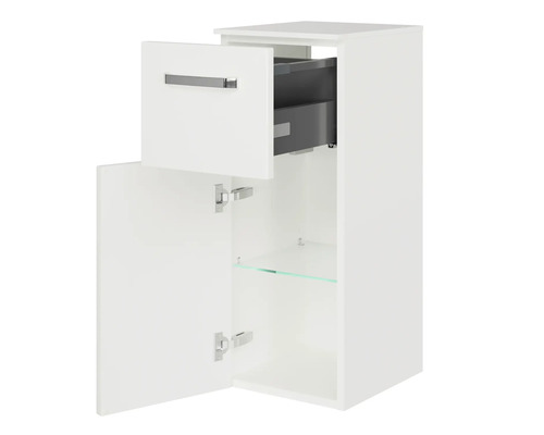 Offener weißer Hängeschrank mit Schublade und Glasregal