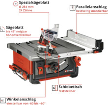 Einhell Tischkreissäge mit Spezialsägeblatt, Parallelanschlag, neigbarem Sägeblatt, Winkelanschlag und Schiebetisch.