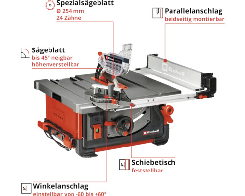 Einhell Tischkreissäge mit Spezialsägeblatt, Parallelanschlag, neigbarem Sägeblatt, Winkelanschlag und Schiebetisch.