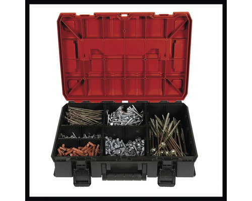 Offener Werkzeugkoffer mit Schrauben, Dübeln und Nägeln
