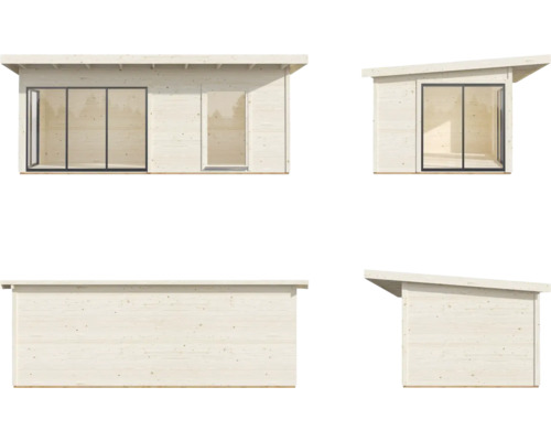 Verschiedene Ansichten eines Gartenhauses mit Schiebetür und Pultdach.