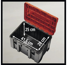 Geöffnete Werkzeugbox mit den Maßen 41,5 cm x 28 cm x 25 cm