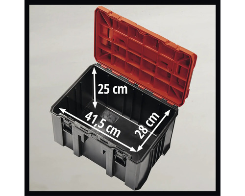 Geöffnete Werkzeugbox mit den Maßen 41,5 cm x 28 cm x 25 cm