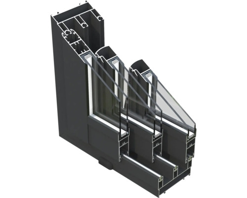 Querschnitt eines Fensterrahmens mit Mehrfachverglasung für verbesserte Wärmeisolierung