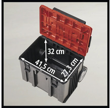 Geöffnete Werkzeugkiste mit den Maßen 41,5 cm Länge, 27,3 cm Breite und 32 cm Höhe.