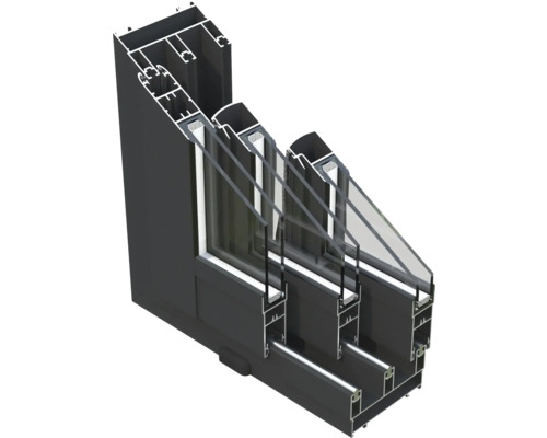 Schnittdarstellung eines Fensterprofils mit Mehrfachverglasung