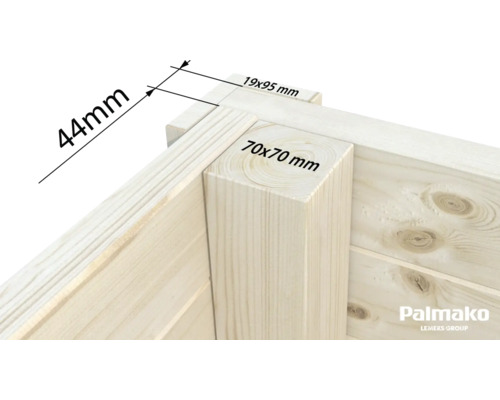 Detailansicht einer Holzkonstruktion mit Maßangaben 44 mm, 19 x 95 mm und 70 x 70 mm.
