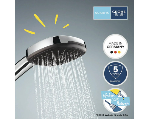 Grohe Handbrause mit Wasserstrahl, Quickfix Logo, Grohe Logo, Made in Germany Siegel, 5 Jahre Garantie Siegel, Kleben oder Bohren Symbol