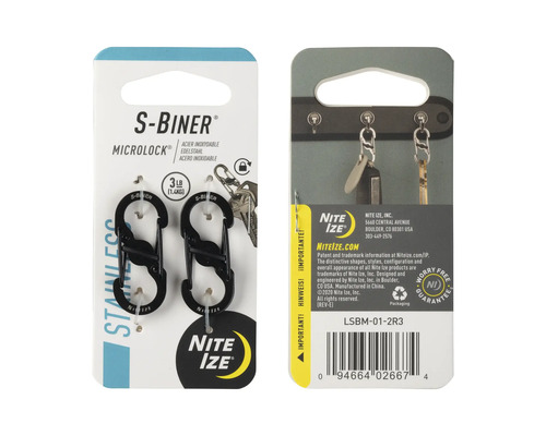 Packung mit zwei schwarzen S-Biner Microlock Karabinern aus Edelstahl von Nite Ize