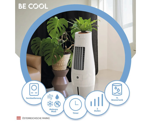 Luftkühler mit Fernbedienung, Timer, mehreren Modi und 7-Liter-Wassertank in Wohnraumumgebung.