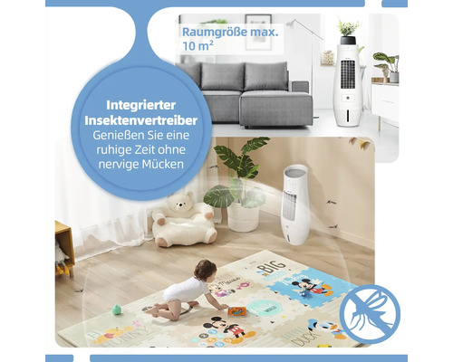 Szene mit Luftkühler, Insektenvertreiber, Sofa und Kind auf Spielmatte