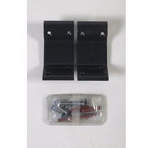 Zwei schwarze Winkelverbinder mit Schrauben und Dübeln zur Befestigung