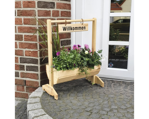 Holzblumenkasten mit Willkommensschild für den Außenbereich