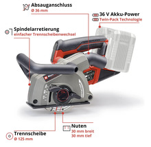 Einhell Mauernutfräse mit 36 Volt Akku, Twin-Pack Technologie und 125 Millimeter Trennscheibe.