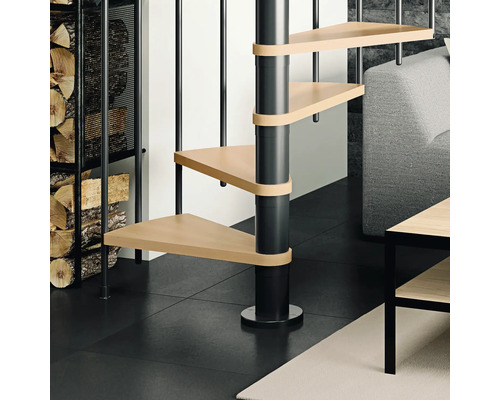 Raumansicht mit Wendeltreppe aus Holz und Metall