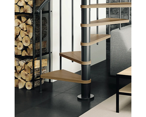 Raumszene mit Spindeltreppe aus Holz und Metall