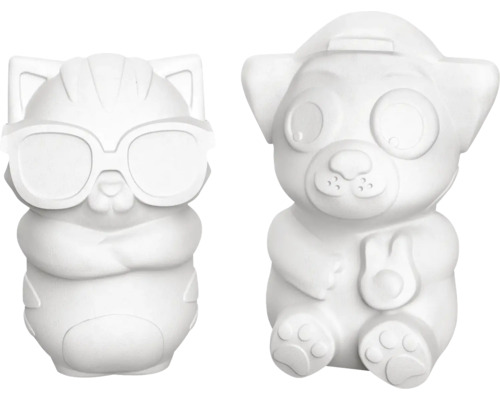 Zwei unbemalte Figuren: eine Katze mit Sonnenbrille und ein Hund mit Mütze.