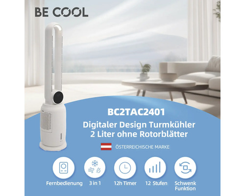 Be Cool Turmventilator BC2TAC2401 mit digitalem Design, 2 Liter Fassungsvermögen und ohne Rotorblätter