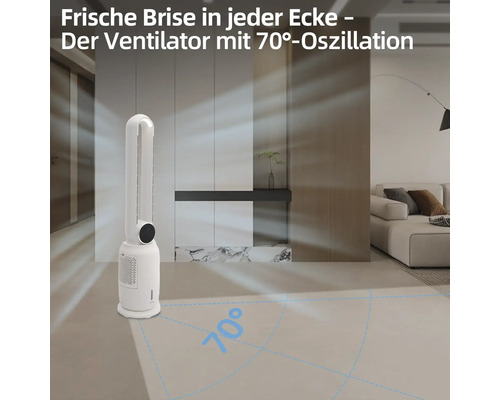 Turmventilator mit 70-Grad-Oszillation im Wohnzimmer.