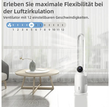 Weißer Turmventilator mit 12 einstellbaren Geschwindigkeiten in Wohnraum