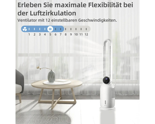 Weißer Turmventilator mit 12 einstellbaren Geschwindigkeiten in Wohnraum