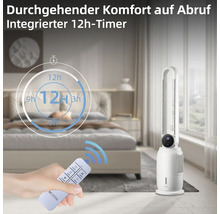 Turmventilator mit Fernbedienung und Timerfunktion im Schlafzimmer