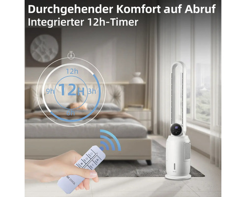 Turmventilator mit Fernbedienung und Timerfunktion im Schlafzimmer