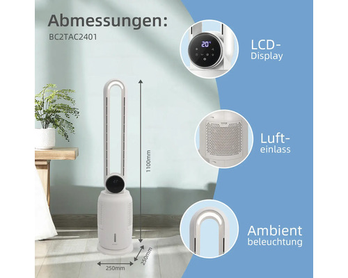 Weißer Turmventilator mit LCD Display, Lufteinlass und Ambientbeleuchtung