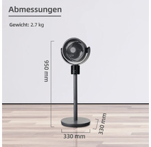 Abbildung eines Standventilators mit Höhenangabe 950 mm, Tiefe 330 mm und Gewicht 2,7 kg.