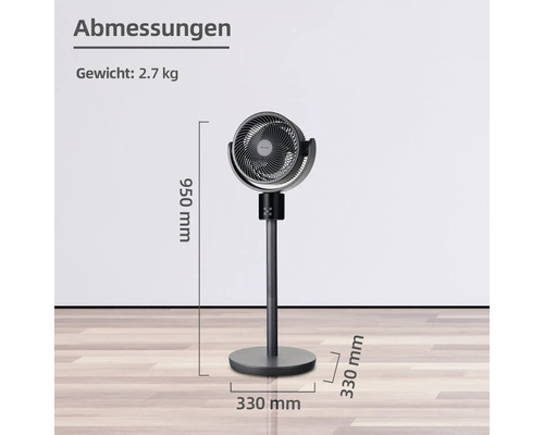 Abbildung eines Standventilators mit Höhenangabe 950 mm, Tiefe 330 mm und Gewicht 2,7 kg.